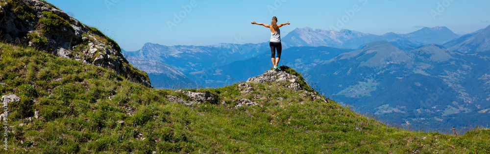 woman hiking massif des Bauges panoramic view ( haute savoie)