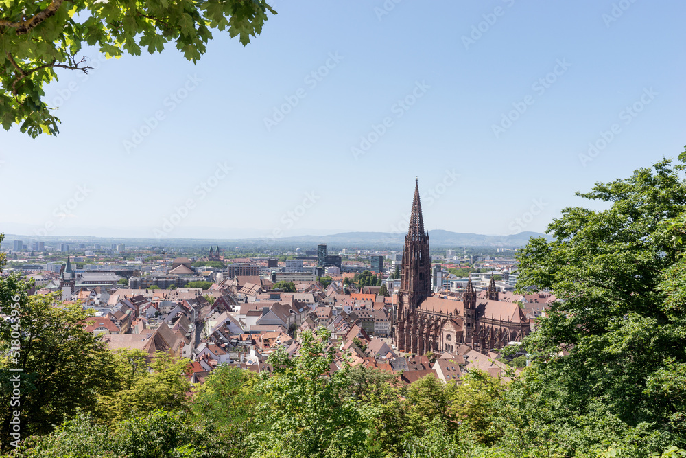 Historic town of Freiburg im Breisgau with famous Freiburg Munster cathedral. Germany