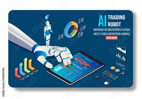 3D isometric graphic of Artificial intelligence trading stock or forexs concept with Robot process an analyzing business charts with investment financial data on tablet. Vector illustration eps10