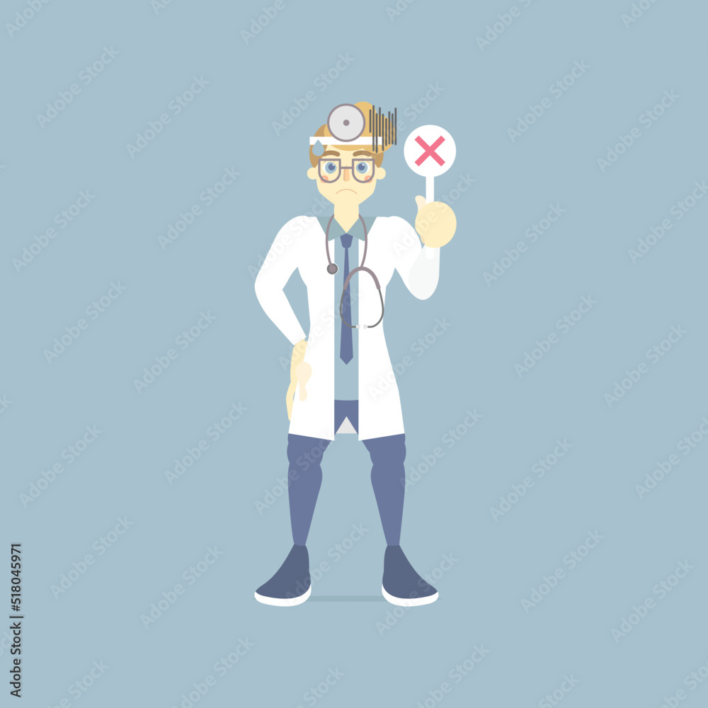 sad and upset male doctor health care provider medical holding wrong sign symbol, healthy concept for hospital, background, flat vector illustration cartoon character design sad and upset male doctor health care provider medical holding wrong sign symbol, healthy concept for hospital, background, flat vector illustration cartoon character design