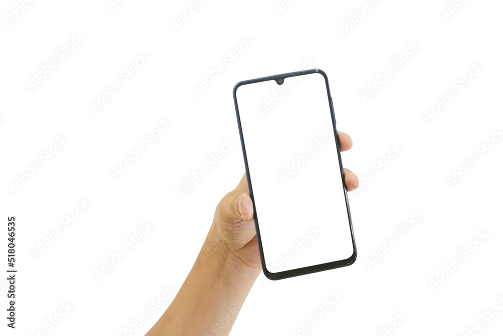 Male hand holding mobile smartphone with blank screen isolated on white background. clipping path include Male hand holding mobile smartphone with blank screen isolated on white background. clipping path include