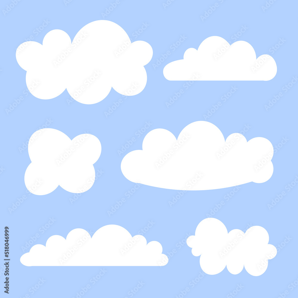 Simple shapes Cloud. Abstract white cloudy set isolated on blue background.