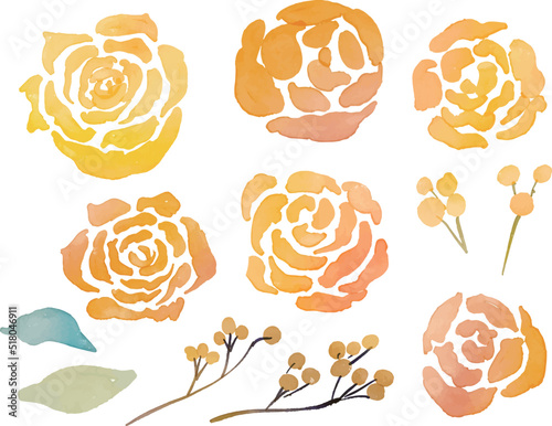水彩画。水彩タッチのバラの花ベクターイラスト。秋の木の実とバラのベクターイラスト。Watercolor painting. Rose flowers vector illustration with watercolor touch. Vector illustration of autumn berries and roses.