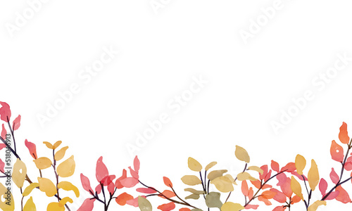 水彩画。水彩タッチのベクター秋の植物。紅葉した葉っぱの背景。紅葉樹の秋フレーム。Watercolor painting. Vector autumn plants with watercolor touch. Autumn leaves background. Autumn frame with red leaves tree.