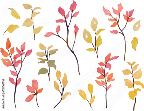 水彩画。水彩タッチの紅葉樹ベクターイラストセット。秋の枯葉のベクター挿絵。リアルタッチの秋の植物イラスト。Watercolor. Set of vector illustration of autumn leaves tree vector illustration with watercolor touch. Autumn dead leaves vector illustration. Aut