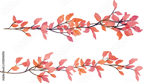 水彩画。水彩タッチのベクター秋の植物。紅葉した葉っぱの背景。紅葉樹の秋フレーム。Watercolor painting. Vector autumn plants with watercolor touch. Autumn leaves background. Autumn frame with red leaves tree.