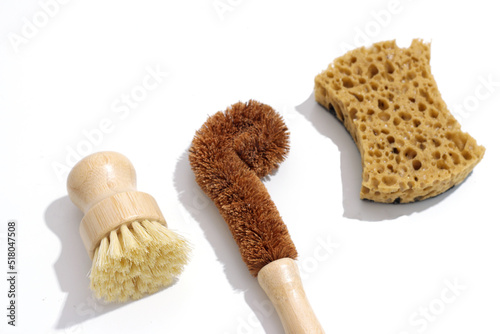  Zero waste cleaning products and dish washing brushes on white background. Concept Eco-friendly, natural laundry