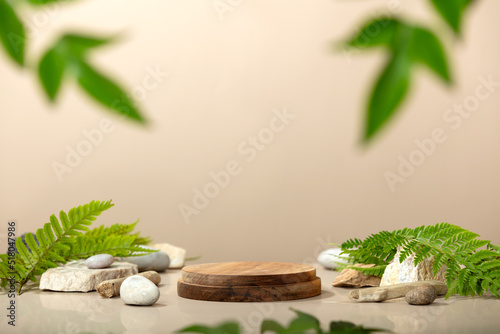 Background for cosmetic products of natural beige color. Wood podium with green leaves and natural stones