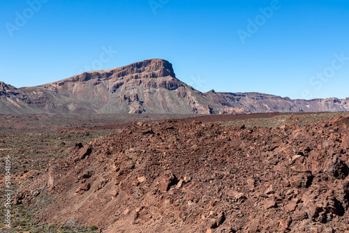 Panoramic view on mount Guajara, Roque de la Grieta in volcano Mount Teide National Park, Tenerife, Canary Islands, Spain, Europe. Volcanic barren desert landscape canyon. View from Minas de San Jose