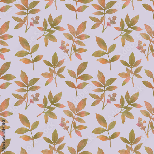 Seamless abstract pattern of leaves and berries painted in watercolor. Botanical pattern on a bright abstract background.