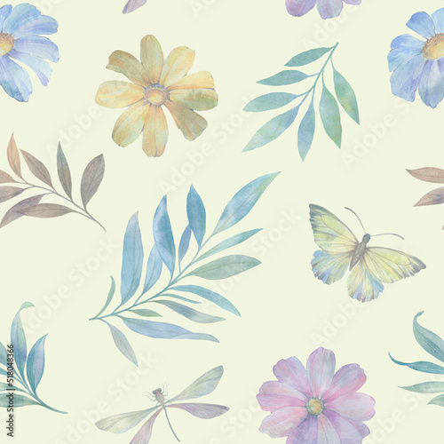 Seamless background of flowers  butterflies  leaves  painted in watercolor  processed in a digital program.