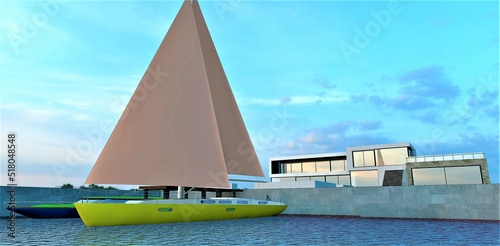 Berth of an advanced high-tech house. Sailing yacht and motor boat are moored to the pier. Cloudy sky. 3d render.