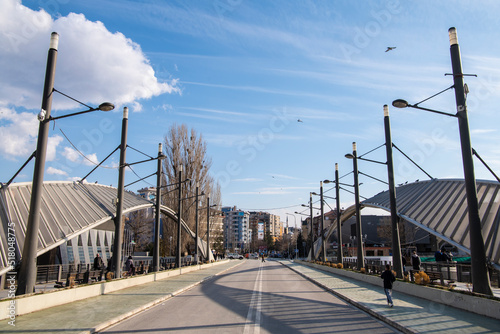 The New Bridge is a steel truss bridge crossing the Ibar river in Mitrovica, symbol of the separation between Albanians and Serbs ethnically divided city. a city in northern Kosovo, Serbia 04.03.2022 photo