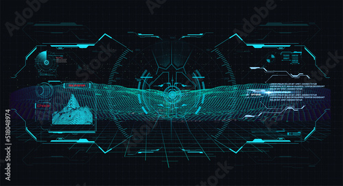 FUI Modern Aiming System Device tilt level. Futuristic Head-up display design. GUI display. Virtual grid surface. Spaceship, drone, helmet, aim. Military HUD frame, game UI and crosshair dashboard.