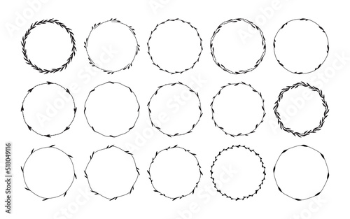 Set of 15 hand drawn spring wreaths isolated on white background, vector. Floral frames of leaves. Doodle style.Collection of floral monogram frames.