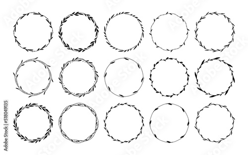 Set of 15 hand drawn spring wreaths isolated on white background, vector. Floral frames of leaves. Doodle style.Collection of floral monogram frames.