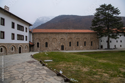 Medieval Monastery and orthodox Church Visoki Decani, one of the most important Serbian monastery. UNESCO world heritage site in Decani, Kosovo, Serbia 05.03.2022 photo