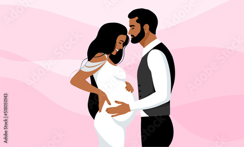 Banner with lovely couple expecting a baby, future mom and dad hugging belly with arms. Happy Family Day. Flat vector illustration.	
