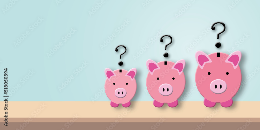 Question mark with pink piggy bank on table and pastel background. Concept for Financial or investment and economic problems. copy space for the text. illustration of 3d paper cut design style. Question mark with pink piggy bank on table and pastel background. Concept for Financial or investment and economic problems. copy space for the text. illustration of 3d paper cut design style.