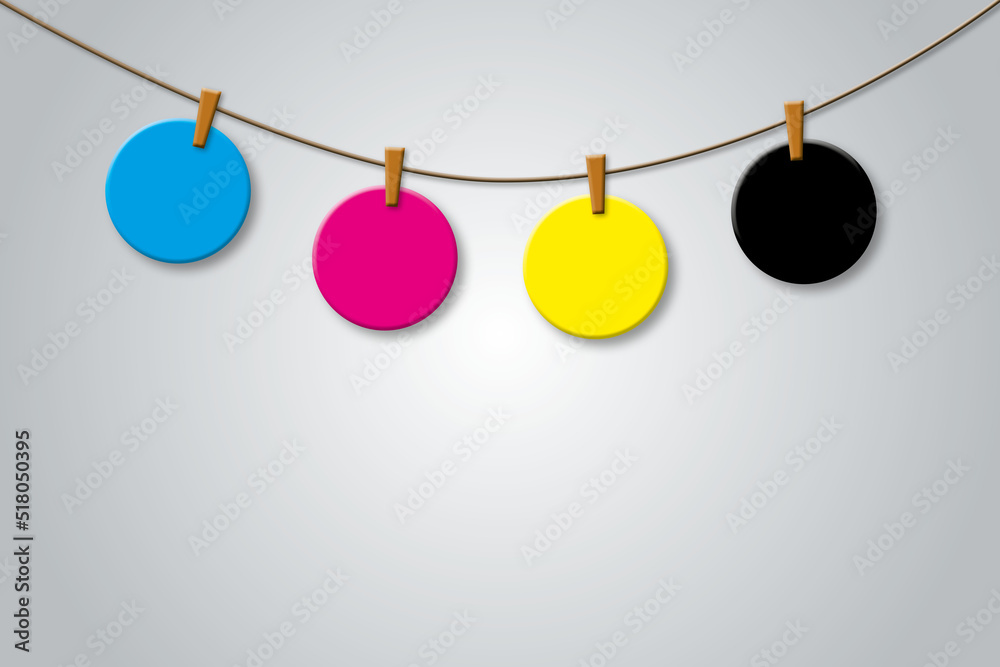 Circle paper in cmyk colours with clamp and rope on grey background. Concept for presenting colour printing, template for your business. shadow overlay. copy space. illustration of 3d paper cut style Circle paper in cmyk colours with clamp and rope on grey background. Concept for presenting colour printing, template for your business. shadow overlay. copy space. illustration of 3d paper cut style
