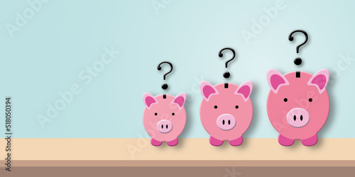 Question mark with pink piggy bank on table and pastel background. Concept for Financial or investment and economic problems. copy space for the text. illustration of 3d paper cut design style.