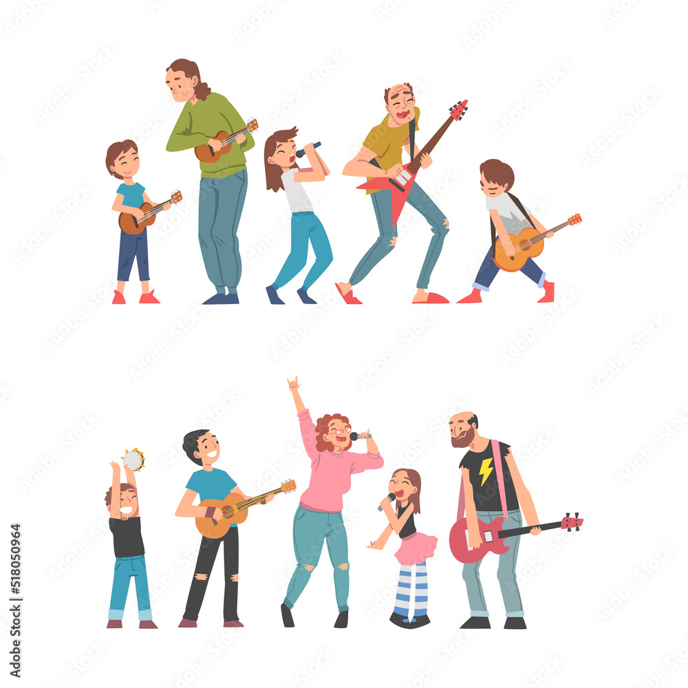 Fototapeta premium Set of happy families playing music and singing together cartoon vector illustration