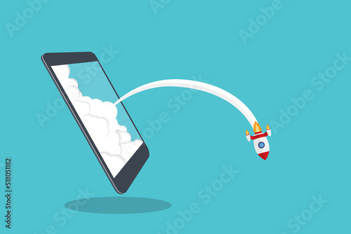 Fail app launch. Fail startup vector concept, flat cartoon rocket or rocket ship launch, mobile phone or smartphone, idea of unsuccessful business project start up, boost technology, innovation.