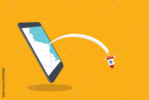 Fail app launch. Fail startup vector concept, flat cartoon rocket or rocket ship launch, mobile phone or smartphone, idea of unsuccessful business project start up, boost technology, innovation.