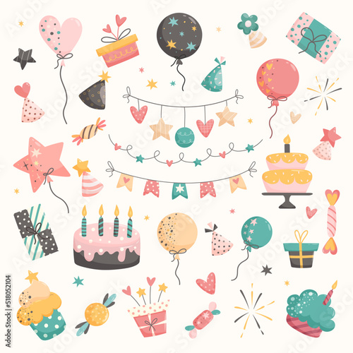 Set of vector birthday party elements on white background. Vector illustration in hand drawn flat style.