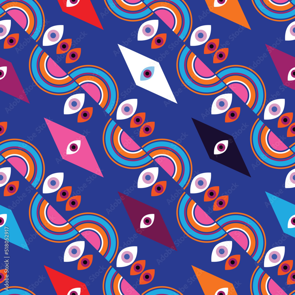 Awesome seamless pattern with esoteric eye different shapes, Magic, witchcraft, occult symbol, colorful line art. fabric, paper, textile. Vector Modern mythic graphic background illustration.
Awesome seamless pattern with esoteric eye different shapes, Magic, witchcraft, occult symbol, colorful line art. fabric, paper, textile. Vector Modern mythic graphic background illustration.