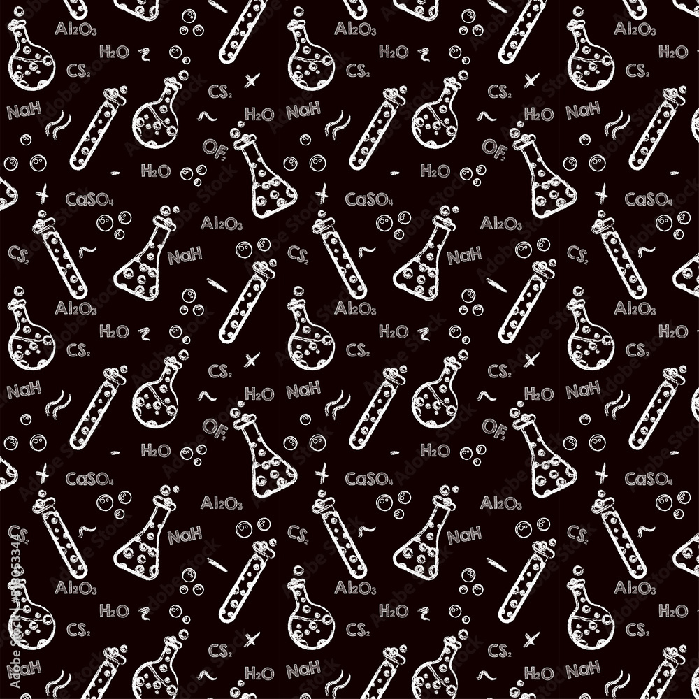 Chemical pattern on the blackboard drawn in chalk Scientific knowledge, formulas. Vintage education and scientific seamless pattern. Vector hand-drawn illustration on chalkboard. Chemical pattern on the blackboard drawn in chalk Scientific knowledge, formulas. Vintage education and scientific seamless pattern. Vector hand-drawn illustration on chalkboard.