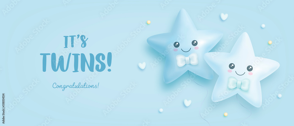 Φωτογραφία Baby shower horzontal banner or invitation with cartoon helium balloons and flowers on blue background