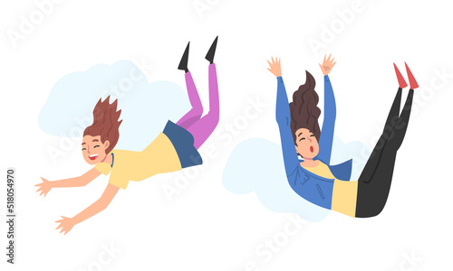 Happy people flying in sky enjoying freedom set. Dreaming girls floating in air cartoon vector illustratio