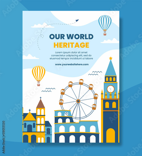 World Heritage Day Poster Template Cartoon Background Vector Illustration