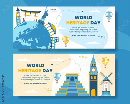 World Heritage Day Horizontal Banner Template Cartoon Background Vector Illustration