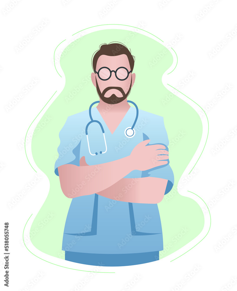 Confident doctor with a stethoscope. Flat vector medicine design. Clinic, consultation. 