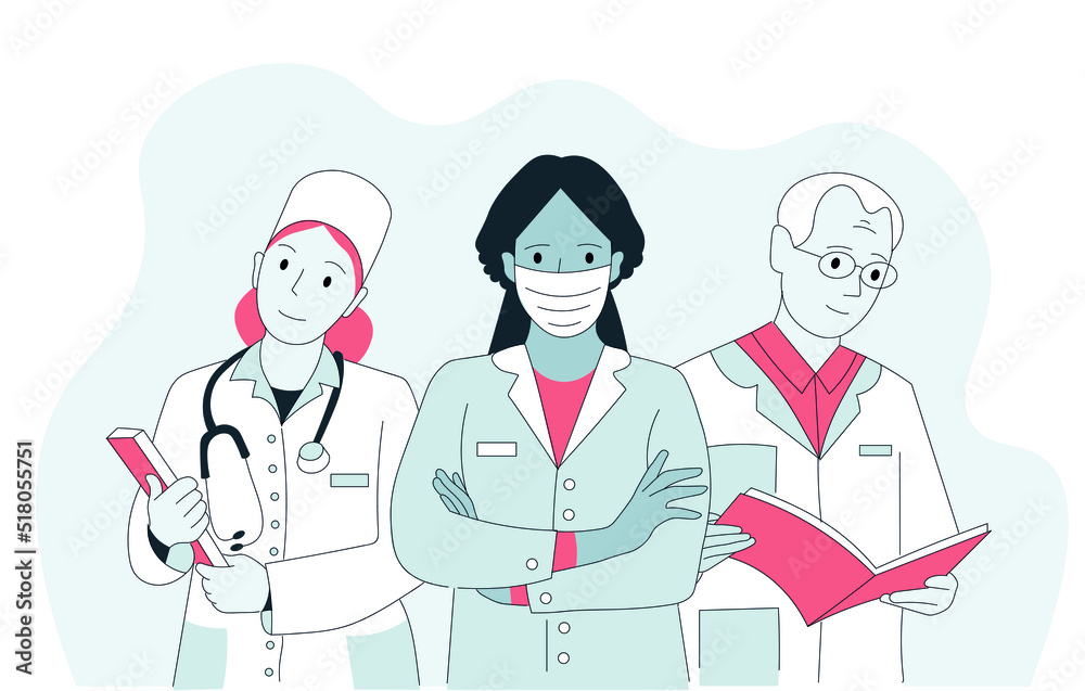 Team of three doctors. Flat vector medicine design. Clinic, consultation. Team of three doctors. Flat vector medicine design. Clinic, consultation.
