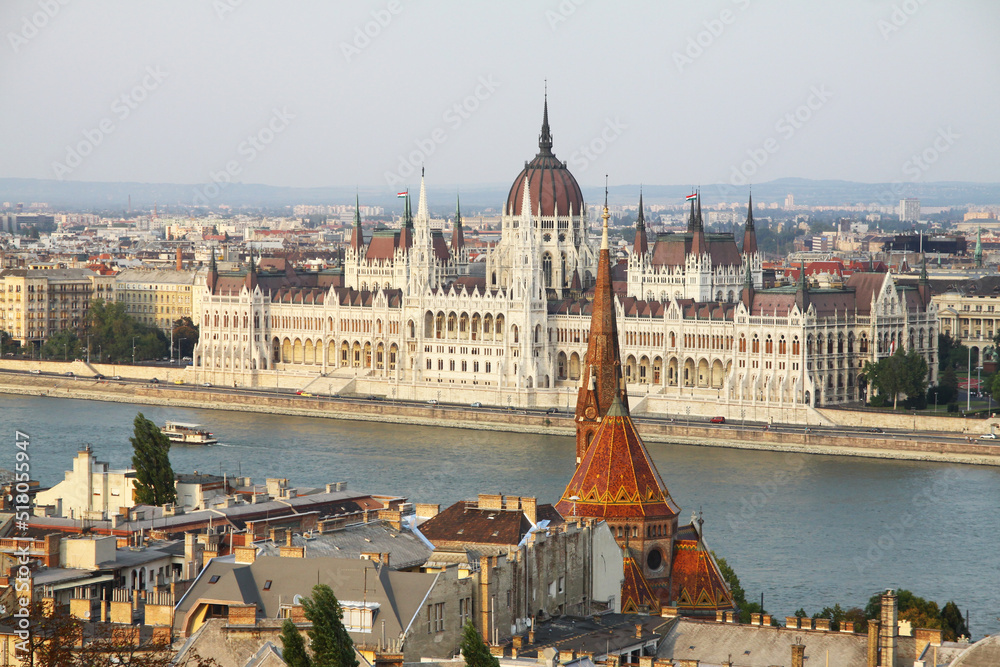 Budapest Parliament Building distant view including river Danube