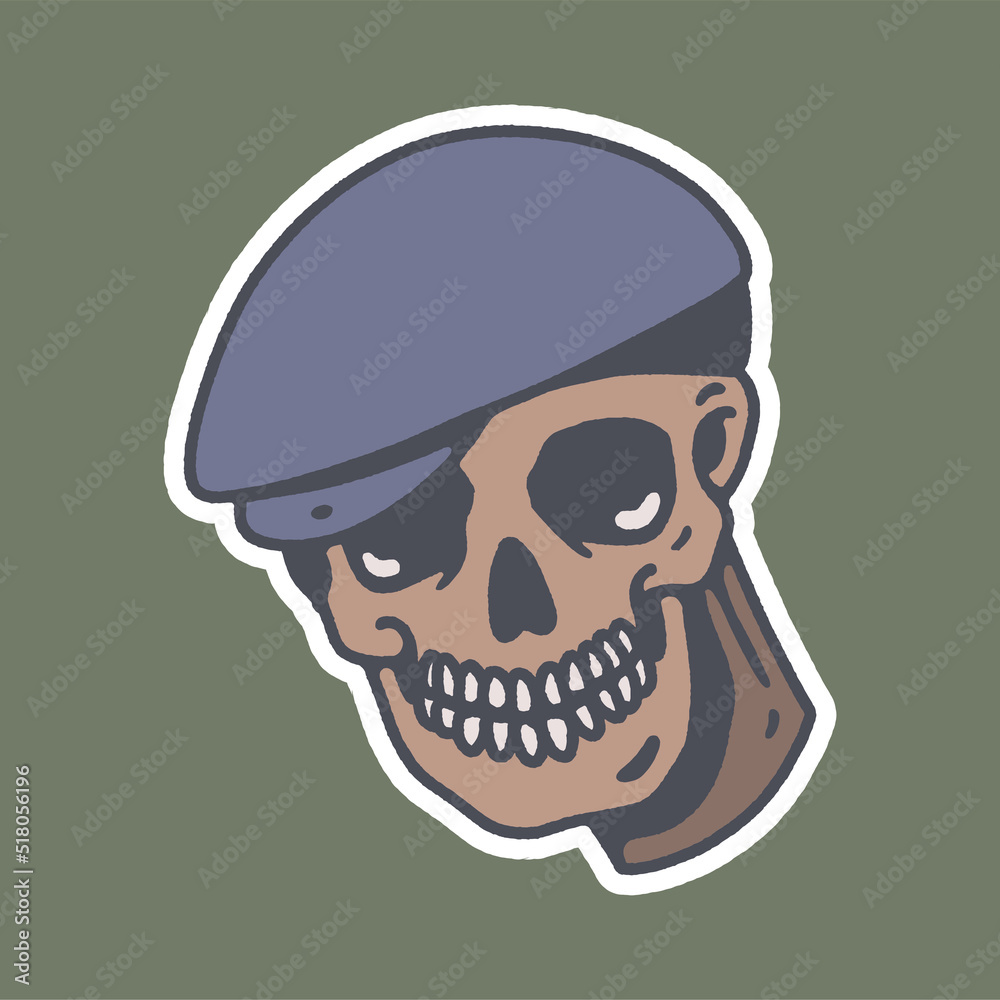 illustration skull wearing hat, hand drawn