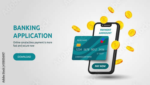 credit card. Online bank payment for mobile phone app. Online banking finance application web banner. Digital wallet. Financial mobile transfer. Smartphone pay concept. Vector template