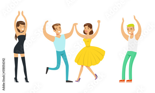Happy dancing young people set. People enjoying dance party cartoon vector illustration
