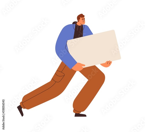 Man holding blank placard, sheet of paper. Happy person carrying empty board background for promo message. Young guy with ad banner mockup in hands. Flat graphic vector illustration isolated on white