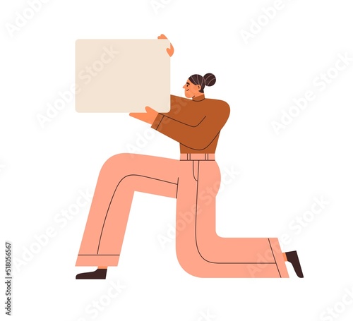 Woman holding blank placard mockup for promotion message. Empty paper card mock up in female hands. Showing, presenting clean board. Flat graphic vector illustration isolated on white background