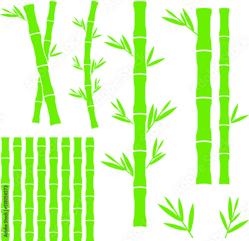Set of bamboo design elements. Leaves and trunks of bamboo logos.
