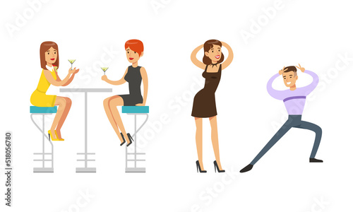 Happy young people dancing and drinking alcoholic drinks at club set vector illustration