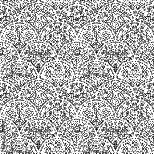 Vector seamless pattern with decorative ornament. Hand drawn doole coloring page for coloring book. Floral background in black and white colors. Anti stress coloring illustration for relaxation. photo