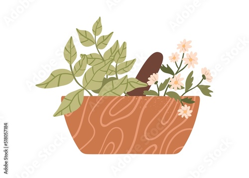 Healing herbs in mortar with pestle. Herbal and floral plants in wood bowl for grinding. Organic natural folk medicine from flower, leaf. Flat vector illustration isolated on white background