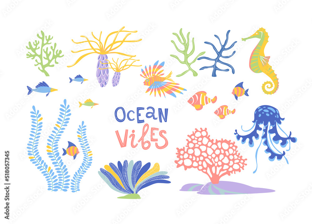 Marine wildlife hand drawn flat vector set. Ocean vibes lettering.