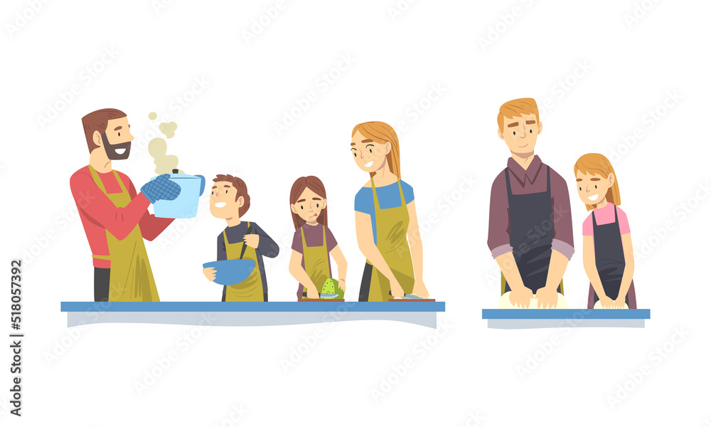 Parents and children in aprons cooking dumplings in kitchen set cartoon vector illustration Parents and children in aprons cooking dumplings in kitchen set cartoon vector illustration