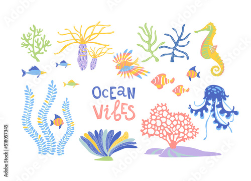 Marine wildlife hand drawn flat vector set. Ocean vibes lettering. © svsunny